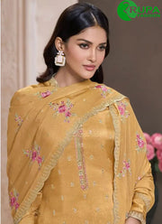 Attractive Mustard Yellow Color Silk Designer Party Wear Straight Suit